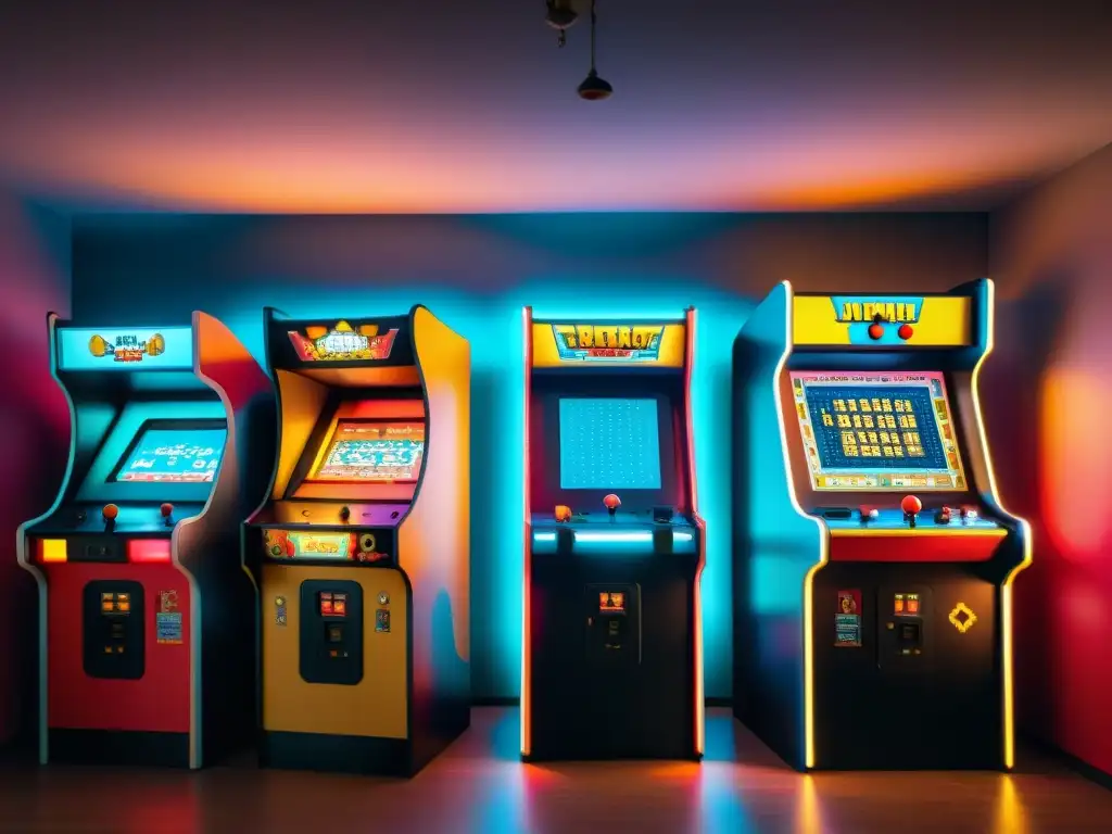 Una sala de juegos retro iluminada por neones, con máquinas clásicas y jugadores emocionados