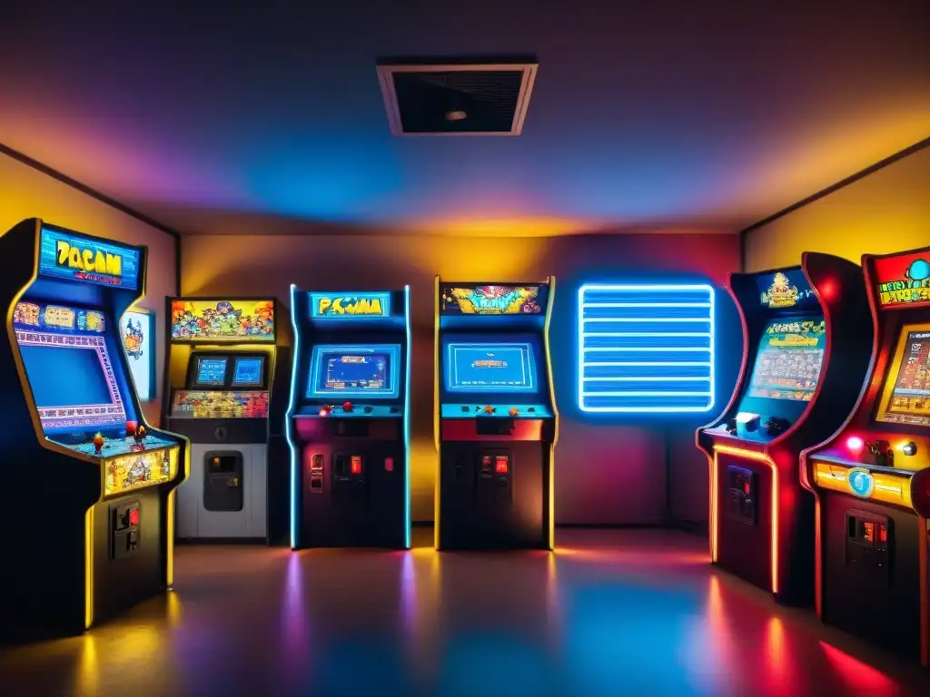 Una sala de juego vintage con máquinas arcade de los 80 y 90, evocando la historia evolución juegos culturas mundiales