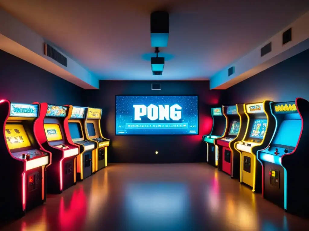 Salón de juegos vintage: nostalgia y diversión en 2D y 3D Una sala de juegos vintage llena de historia y evolución de los videojuegos, con gente disfrutando de clásicos como Pong y PacMan