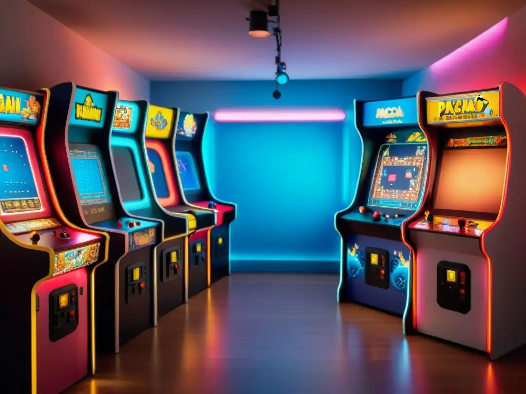 Salón de arcade vintage: historia y nostalgia en un solo lugar Una sala de juegos vintage con máquinas clásicas como PacMan, Space Invaders y Donkey Kong