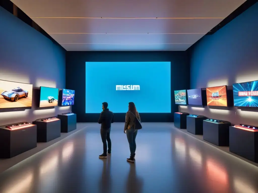 Una sala de museo iluminada tenue muestra la evolución de los videojuegos