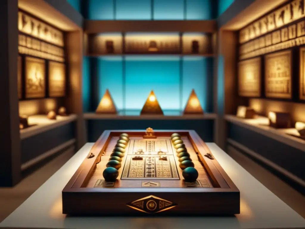 Una sala de museo de juegos con tablero egipcio de Senet y diversidad cultural de juegos de mesa