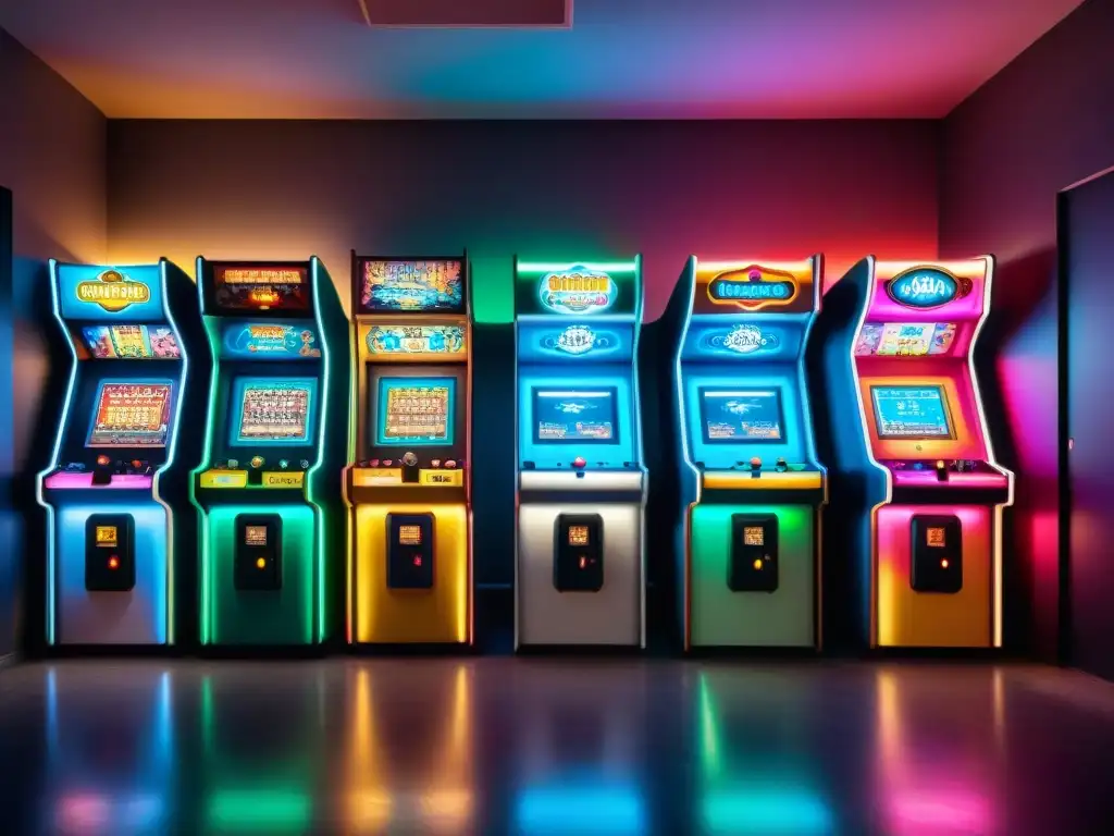 Una sala oscura del Museo del Videojuego en Berlín muestra antiguas máquinas de arcade en colores neón, iluminadas por pantallas de juegos clásicos