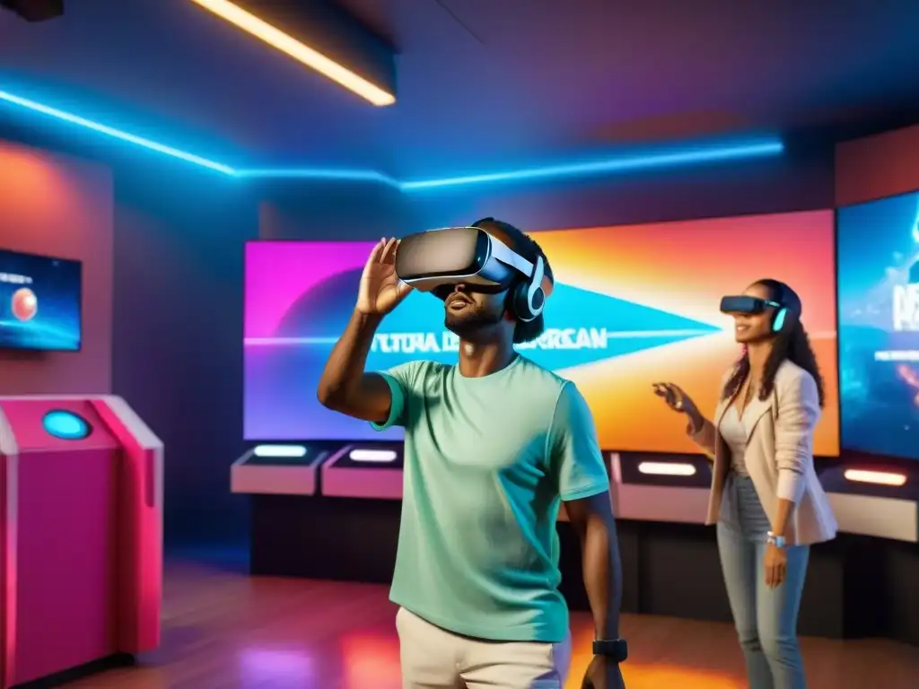 Una sala de realidad virtual llena de diversidad, donde todas las edades disfrutan de experiencias inmersivas