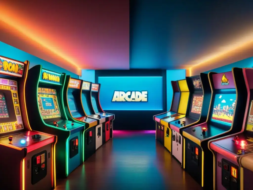 Salón de arcade retro: 8k detalle de la era dorada de los videojuegos Salón de arcade de los años 80 con máquinas vintage como PacMan y Donkey Kong, evocando la historia y evolución de los videojuegos