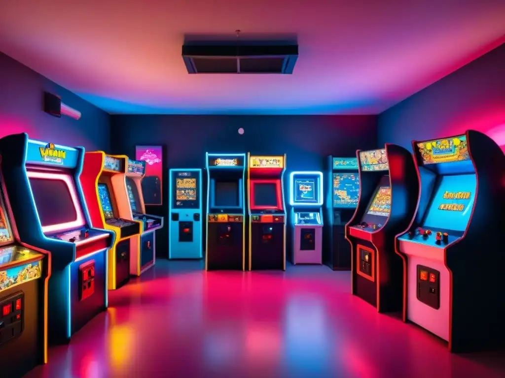 Salón de arcade vintage con juegos clásicos como PacMan y Space Invaders