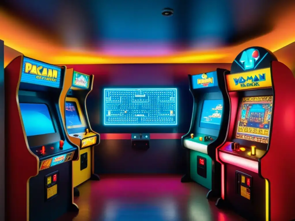 Salón de arcade vintage con máquinas clásicas como PacMan y Donkey Kong