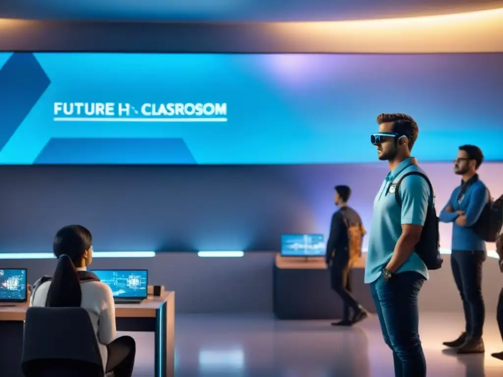 Salón de clases del futuro con tecnología avanzada y Juegos educativos del futuro