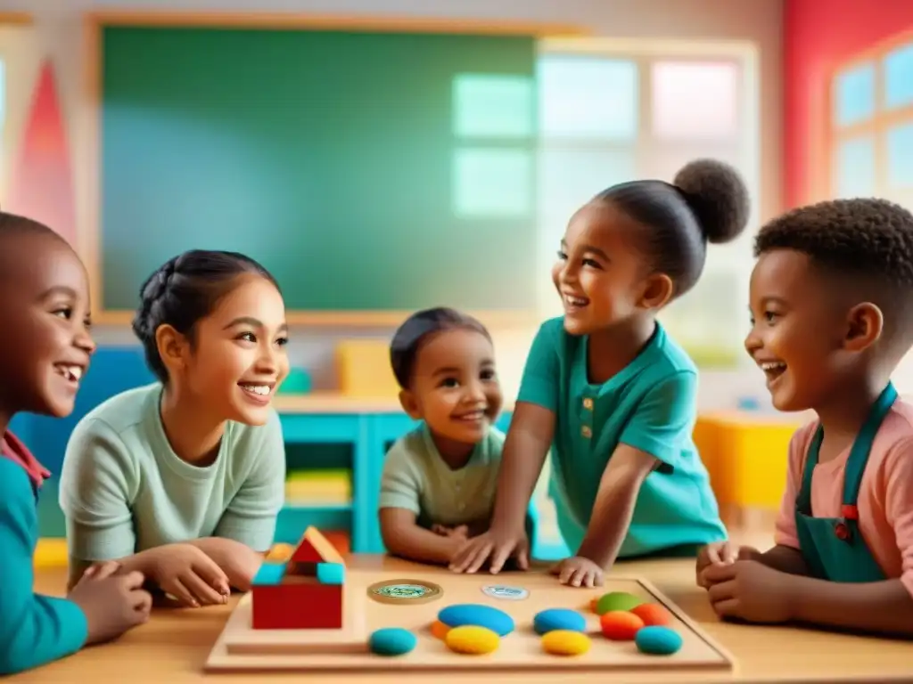 Un salón de clases vibrante y colorido donde niños de diversas culturas juegan juegos educativos juntos, reflejando la unidad y diversidad