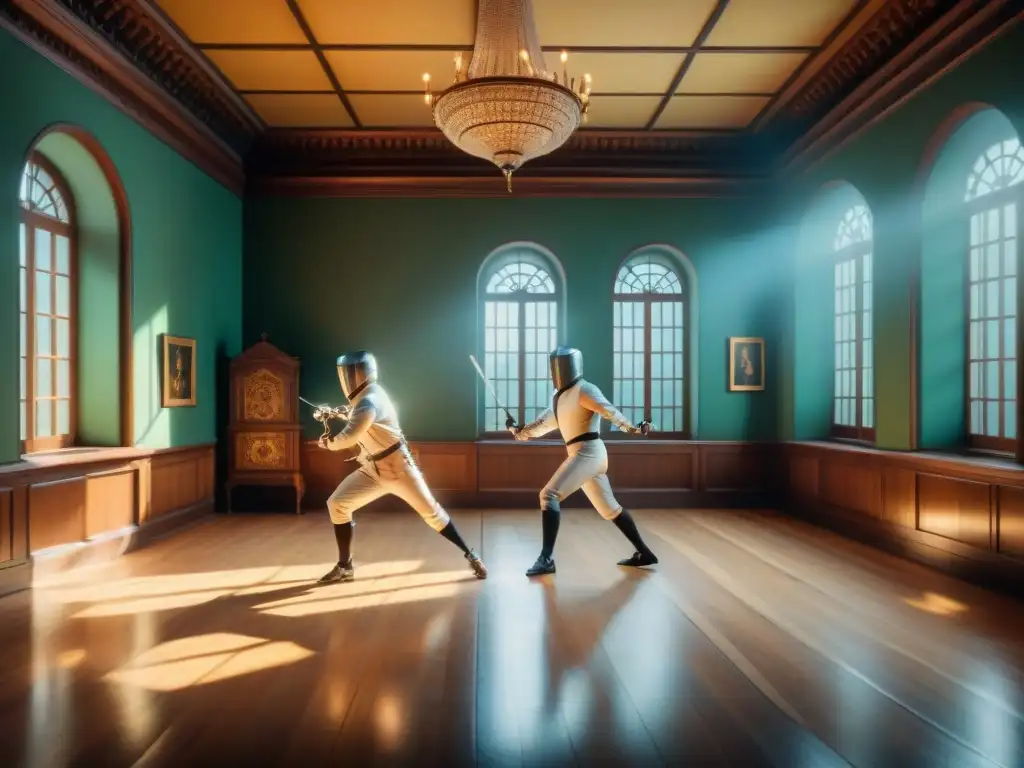 Salón de esgrima histórico en Europa con maestros y espadas en decoración elegante