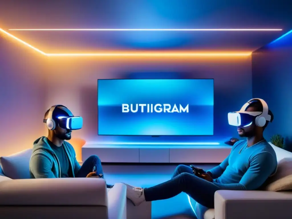 Salón futurista con consola de videojuegos de próxima generación, realidad virtual y silla gaming de alta tecnología en azul brillante