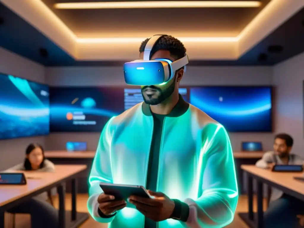 Salón del futuro con juegos educativos, realidad virtual y tecnología avanzada integrada