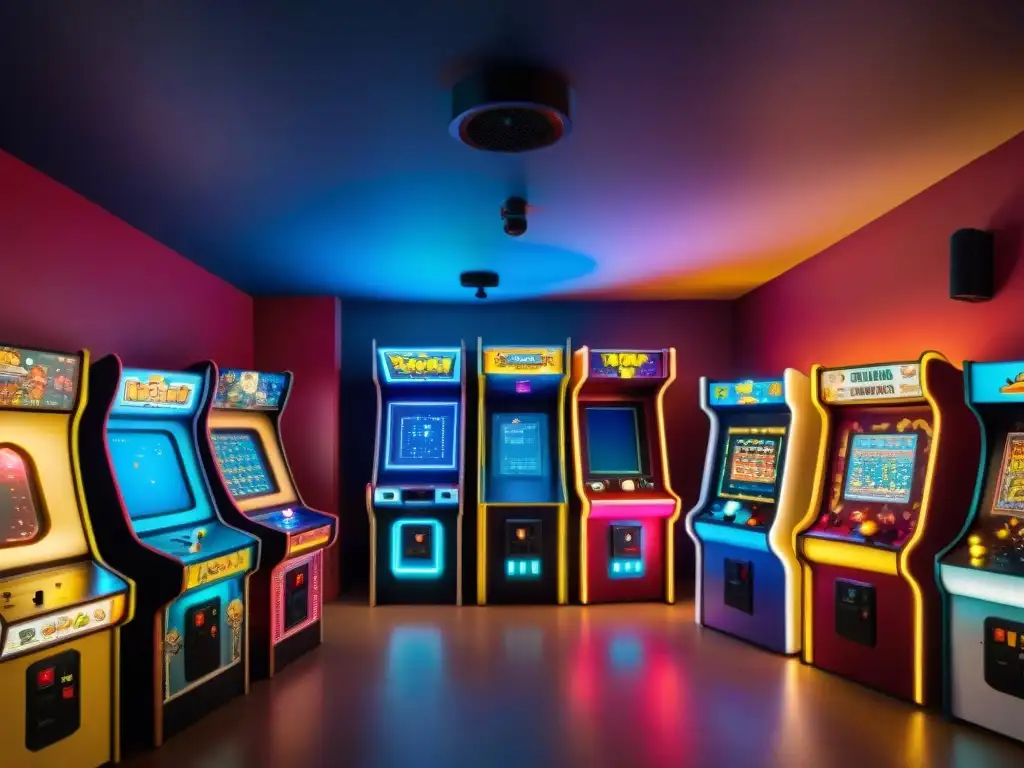 Salón de juegos retro con máquinas clásicas como PacMan y Space Invaders, evocando la historia evolución juegos culturas mundiales