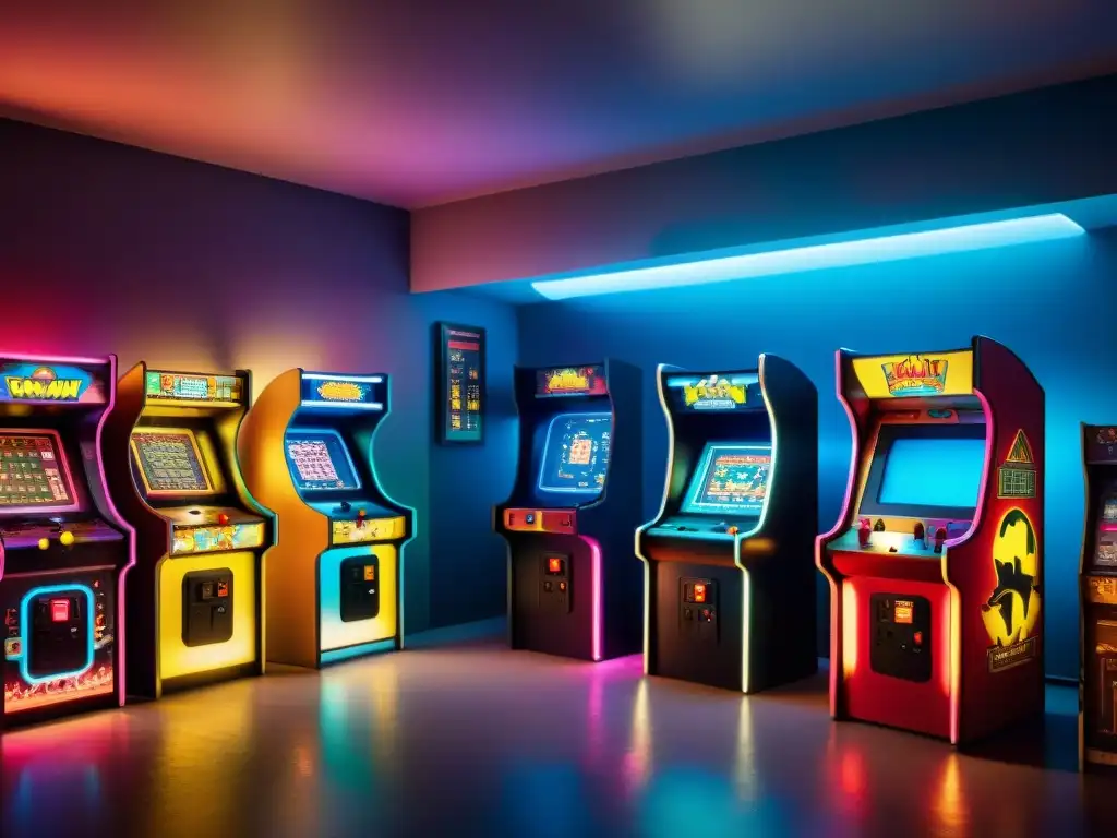 Salón oscuro repleto de máquinas arcade vintage con versiones raras juegos clásicos digitalizados, ambiente nostálgico y envolvente