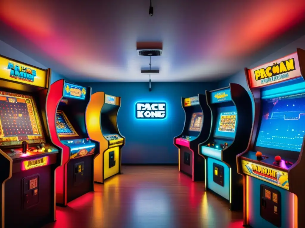 Salón de arcade retro de los años 80 con juegos clásicos como PacMan y Donkey Kong