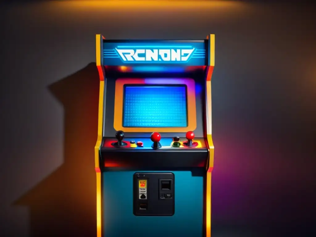 Salón de juegos con tecnología vintage en juegos modernos: gabinete retro rodeado de consolas actuales en ambiente tenue y futurista