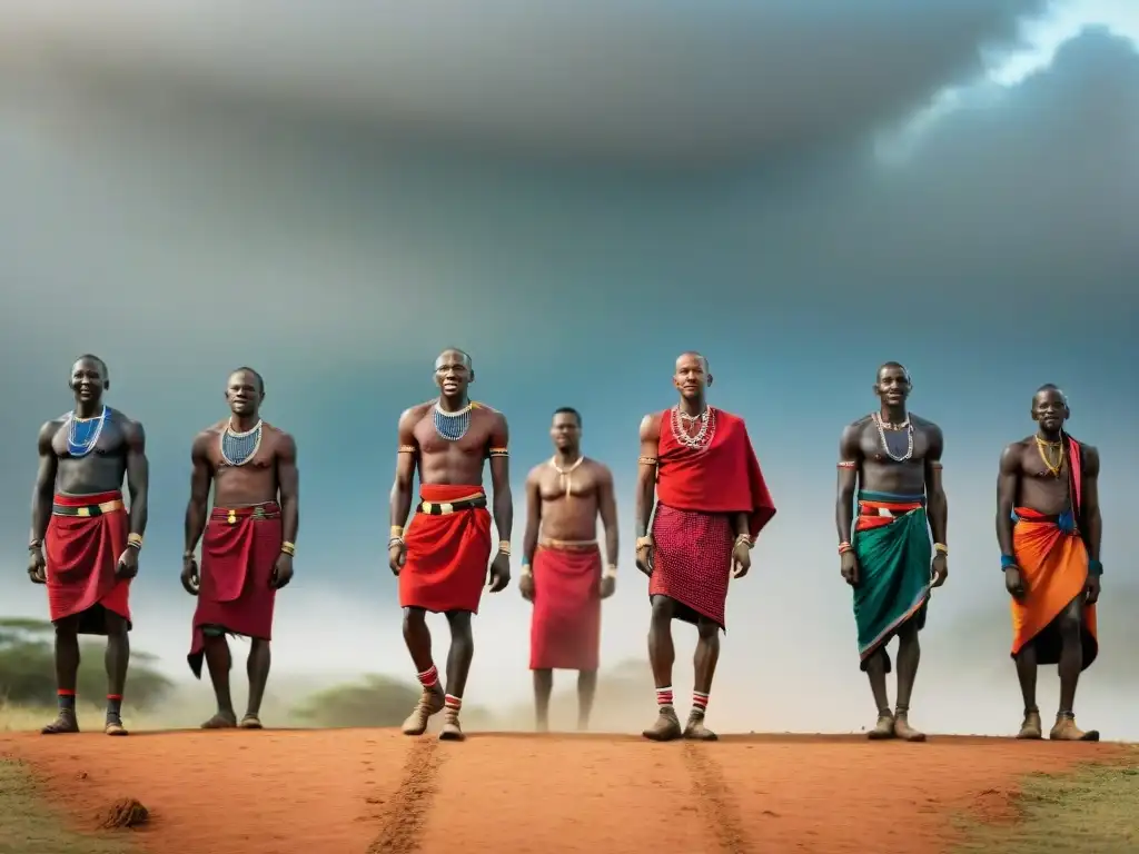 Competencia de salto Maasai: tradición y determinación Competición de salto ancestral Maasai, colores vibrantes y determinación en la cultura mundo