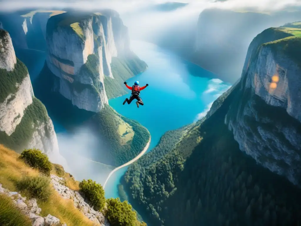 Un salto base desde un acantilado, con un paracaídas desplegándose, en un escenario de montaña