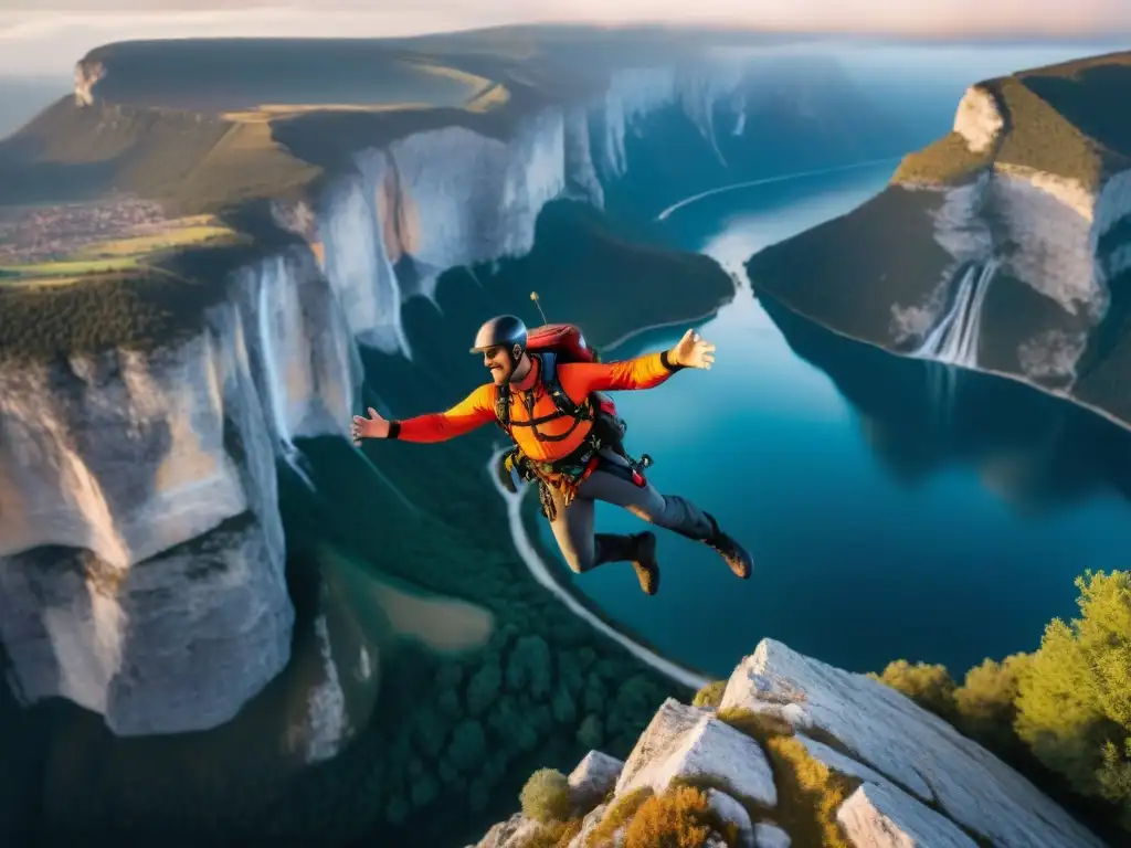 Salto base al atardecer: adrenalina y determinación en deportes extremos