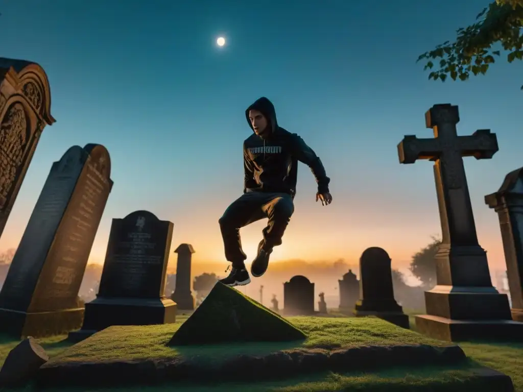 Un salto en el cementerio: practicante de parkour bajo la luna en un escenario misterioso