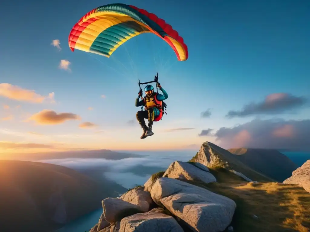 Un salto épico de deportes extremos con paracaídas coloridos, en un atardecer impresionante