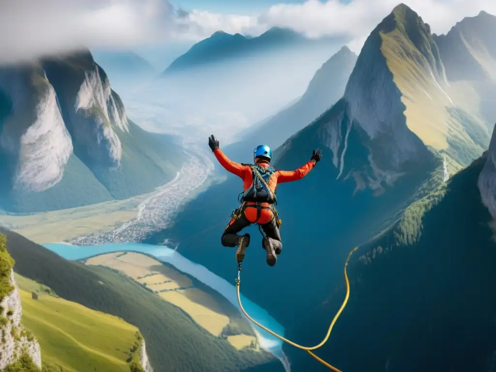 Un salto de puenting capturado en pleno aire, con emoción y miedo en el rostro del saltador