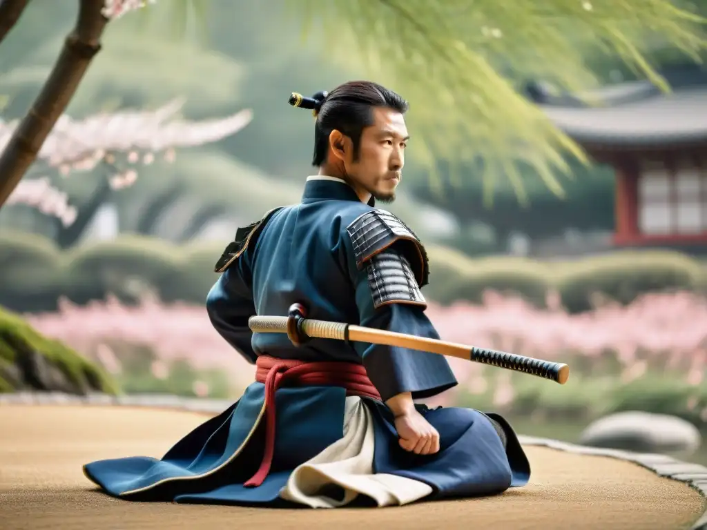 Samurai practicando kendo en jardín japonés con cerezos en flor Samurái practicando kendo en armadura tradicional, en un jardín japonés con cerezos en flor