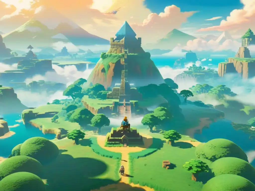 Los santuarios en The Legend of Zelda brillan en un paisaje místico y vibrante de Hyrule al atardecer