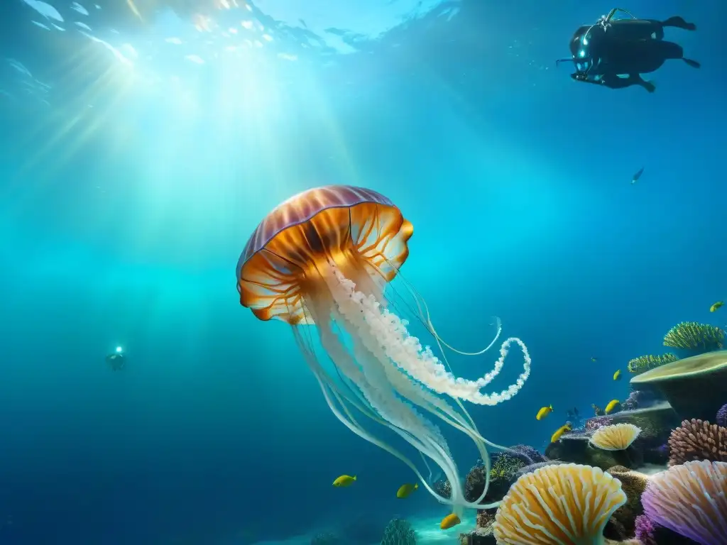 Explora los secretos de Subnautica: un arrecife de coral lleno de vida marina colorida y una medusa brillante en aguas cristalinas