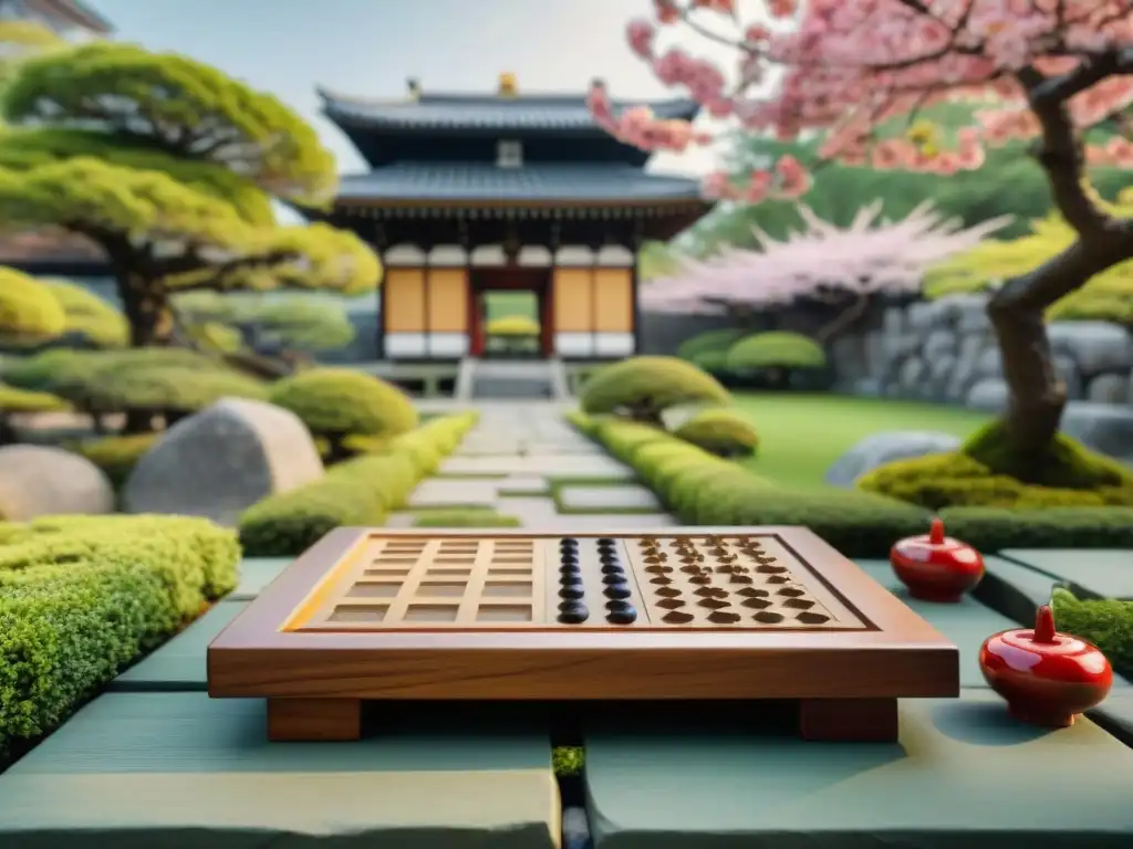 Jardín japonés sereno con tablero de shogi en mesa de piedra rodeado de bonsáis y sakuras en flor, con castillo al fondo