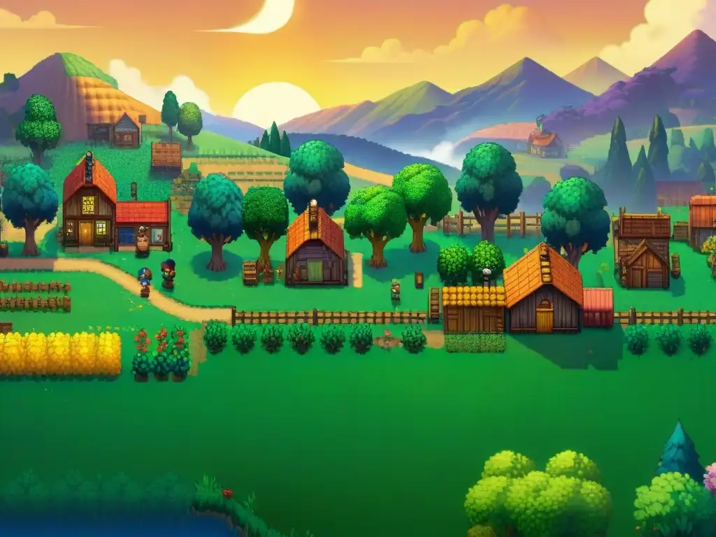 Amanecer sereno en Stardew Valley, campos verdes, arroyo y pueblo animado