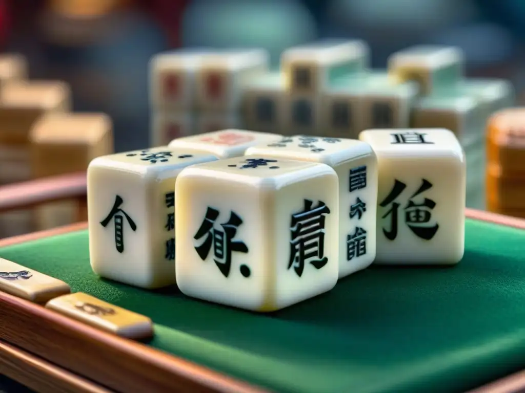 Un set de Mahjong tallado en marfil, con caracteres chinos, en un bullicioso mercado antiguo