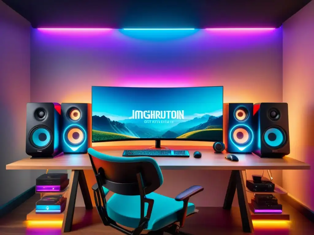 Un setup gaming futurista con accesorios juego plataforma 2023, luces LED y ambiente hightech