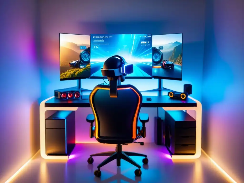 Un setup de gaming futurista con hardware de gaming innovación tecnológica, rodeado de luces LED y una pantalla de realidad virtual