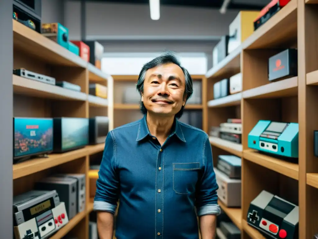 Shigeru Miyamoto inmerso en la creación de juegos Nintendo, rodeado de consolas clásicas