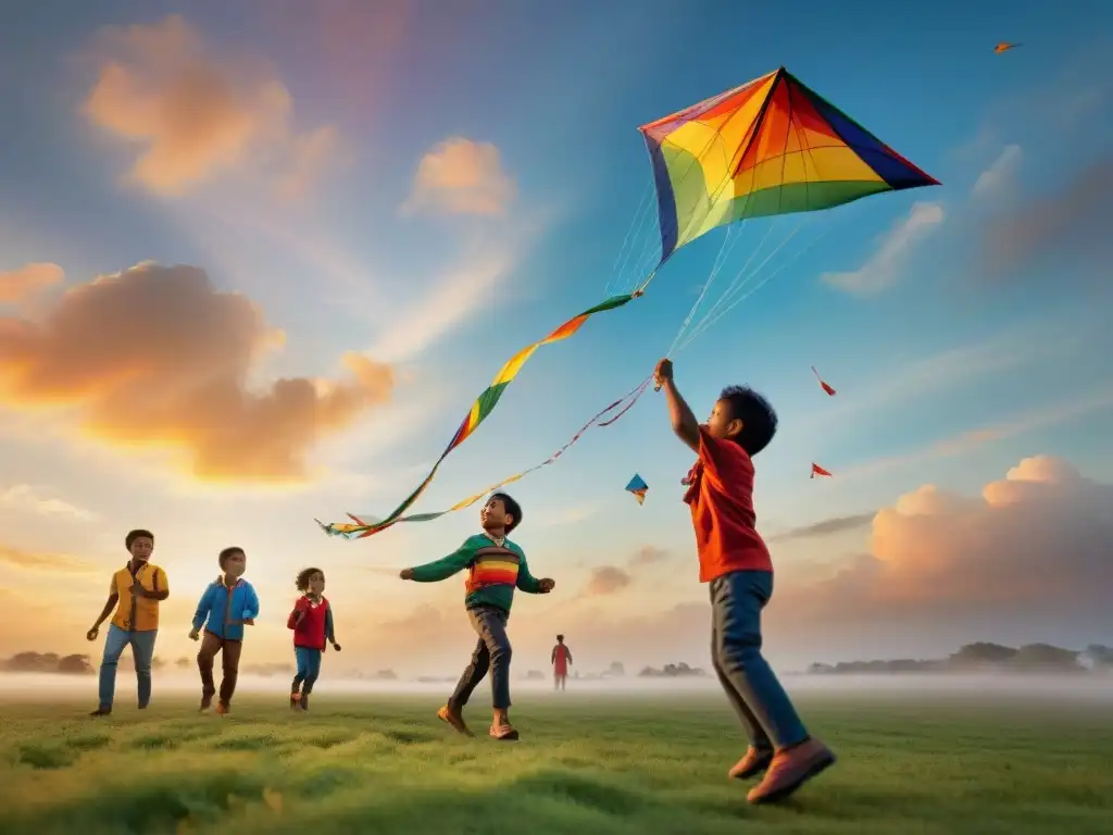 Significado cultural de la cometa: Niños diversos vuelan coloridas cometas en un cielo atardeciendo, unidos en alegría y libertad