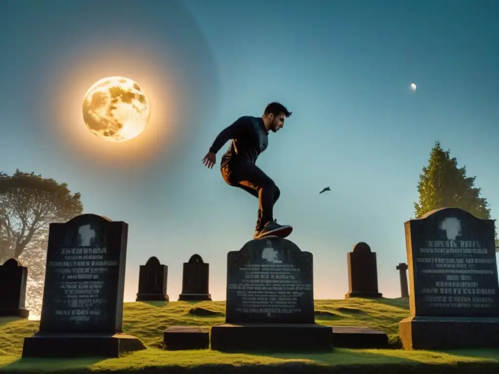 Silueta de practicante de parkour saltando sobre una lápida en cementerio histórico, bajo la luz de la luna