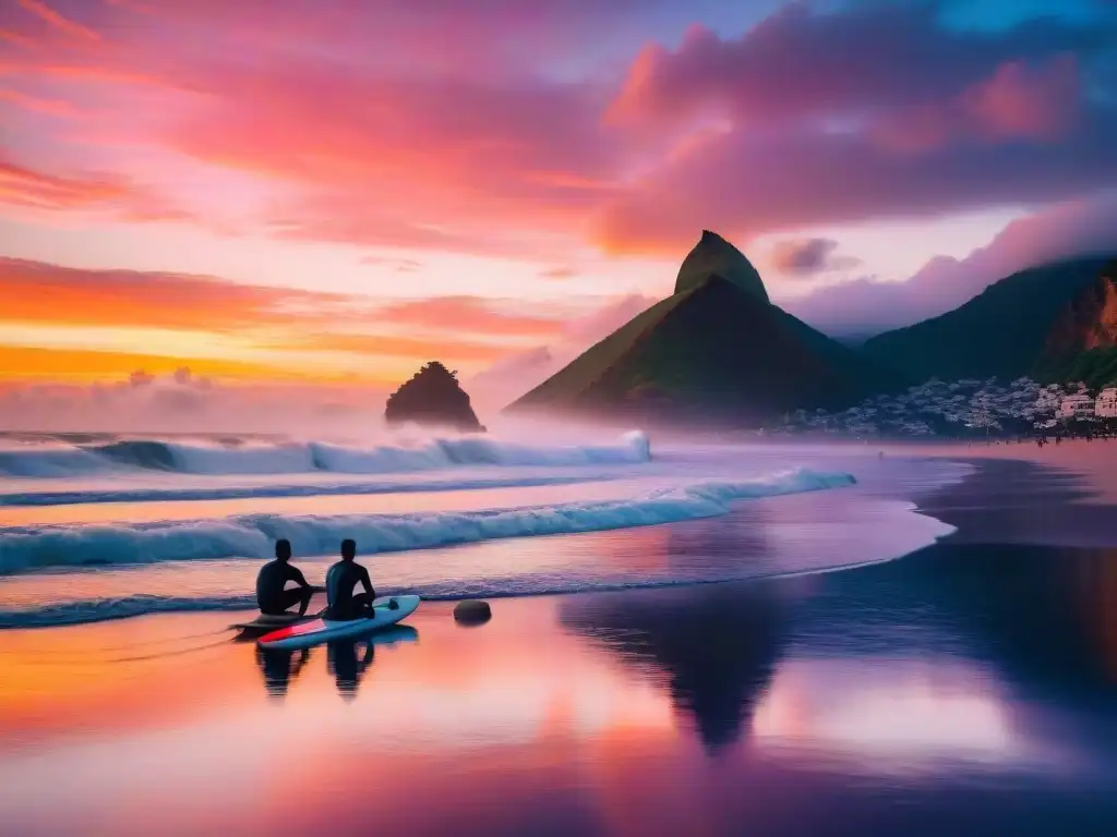 Silueta de surfistas al atardecer, reflejados en el mar sereno