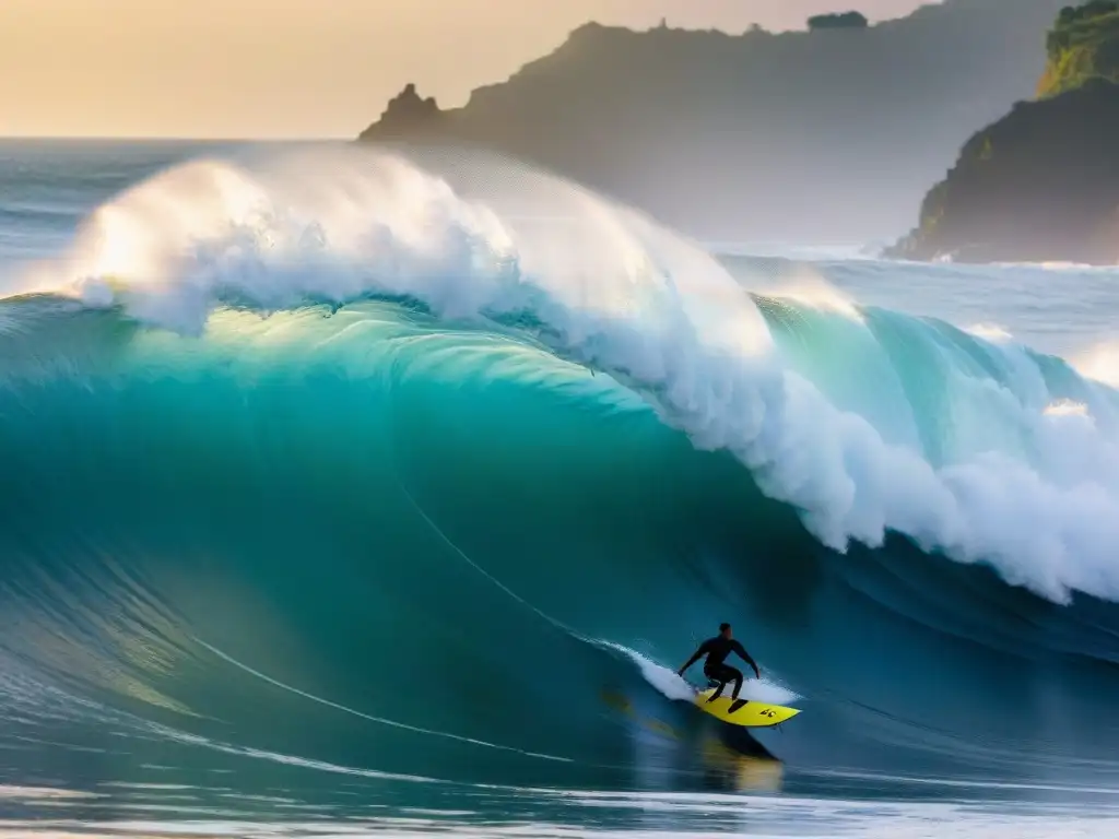 Siluetas de surfistas cabalgando olas gigantes al atardecer en Latinoamérica