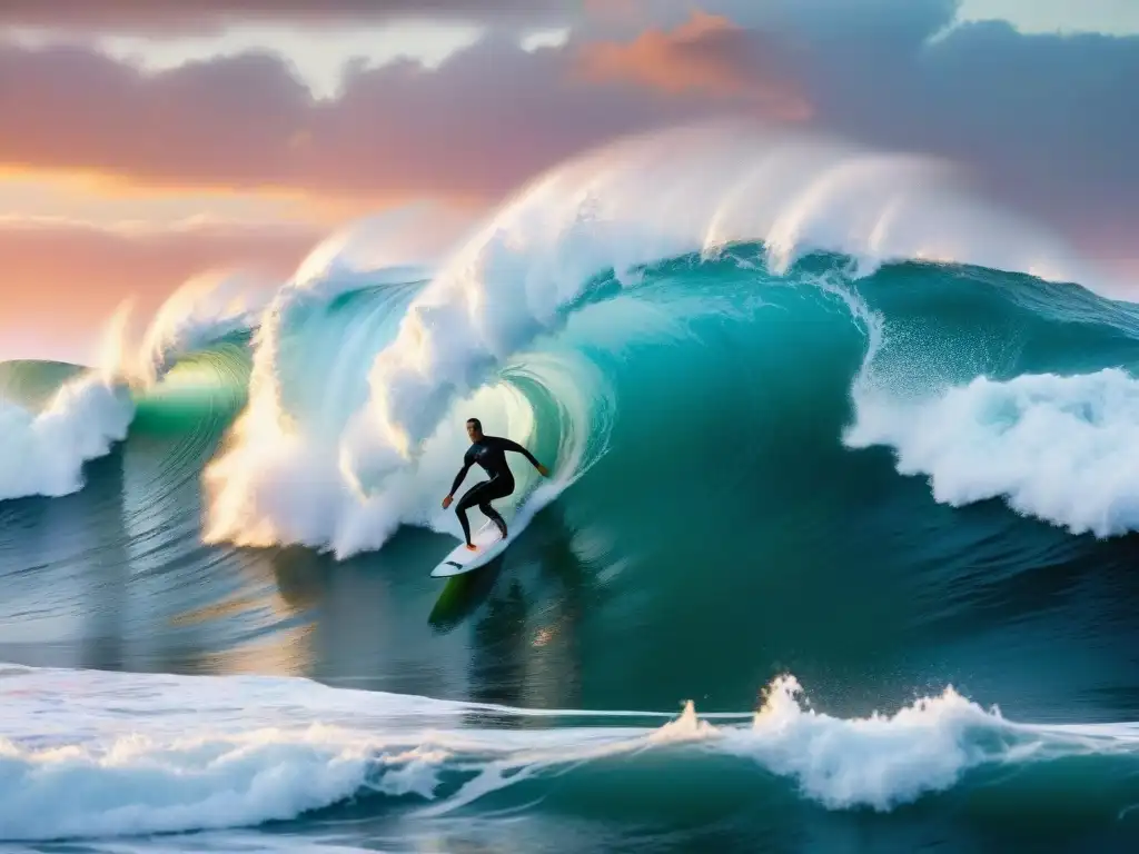 Siluetas de surfistas desafiando olas gigantes al atardecer, en armonía con la cultura del surf y evolución