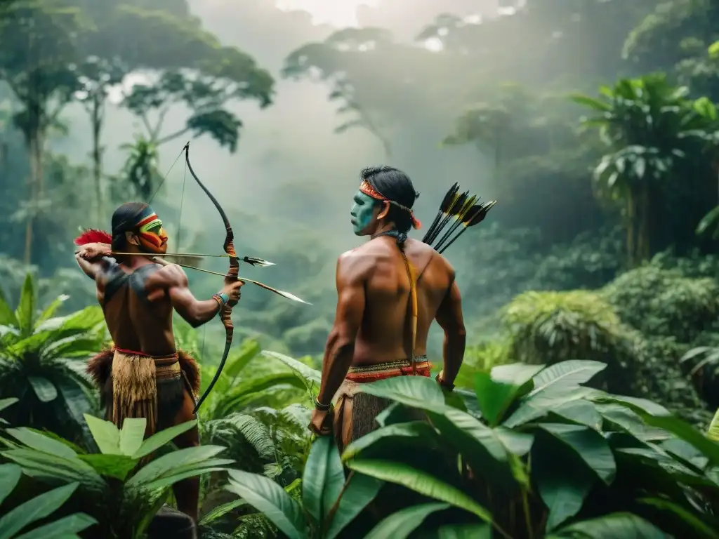 Simulaciones de caza en tradiciones: Indígenas cazadores en la selva amazónica, sigilosos y enfocados entre la exuberante vegetación