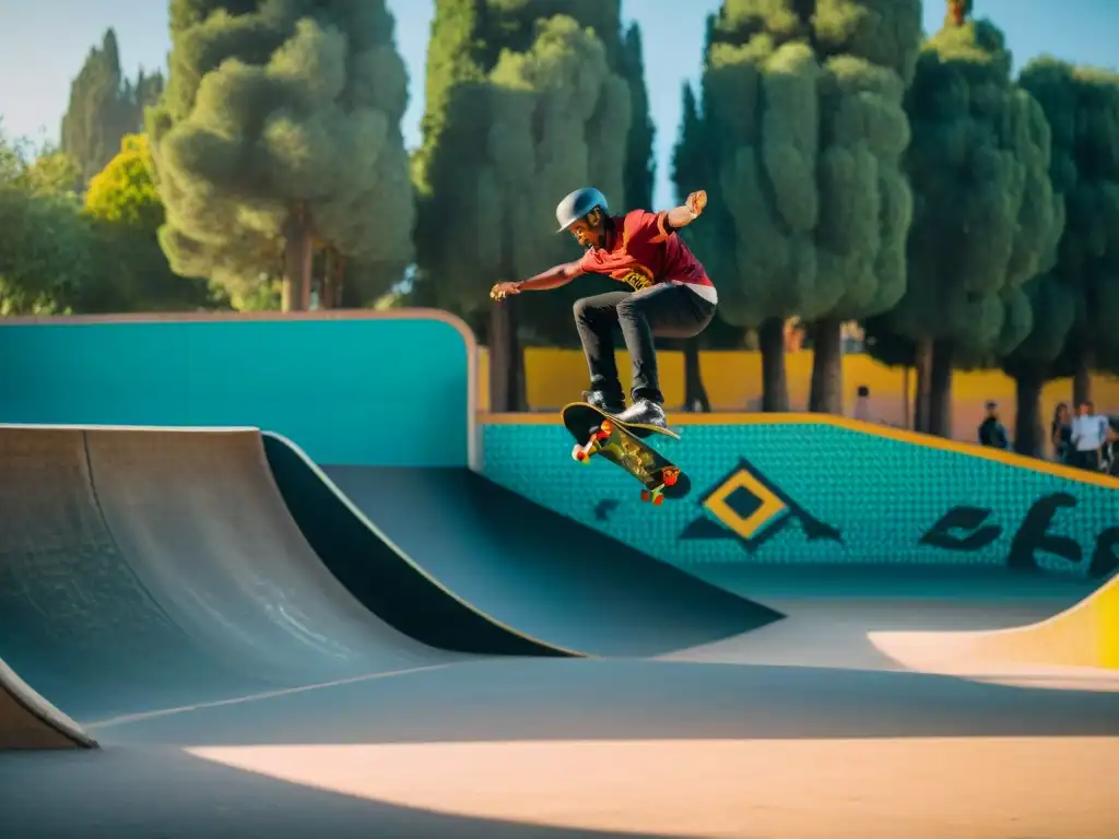 Skatepark en Barcelona: Diversión bajo el sol mediterráneo Skate park en Barcelona con skaters de diversas edades y culturas bajo el sol mediterráneo, reflejo de la historia y cultura skate en Europa