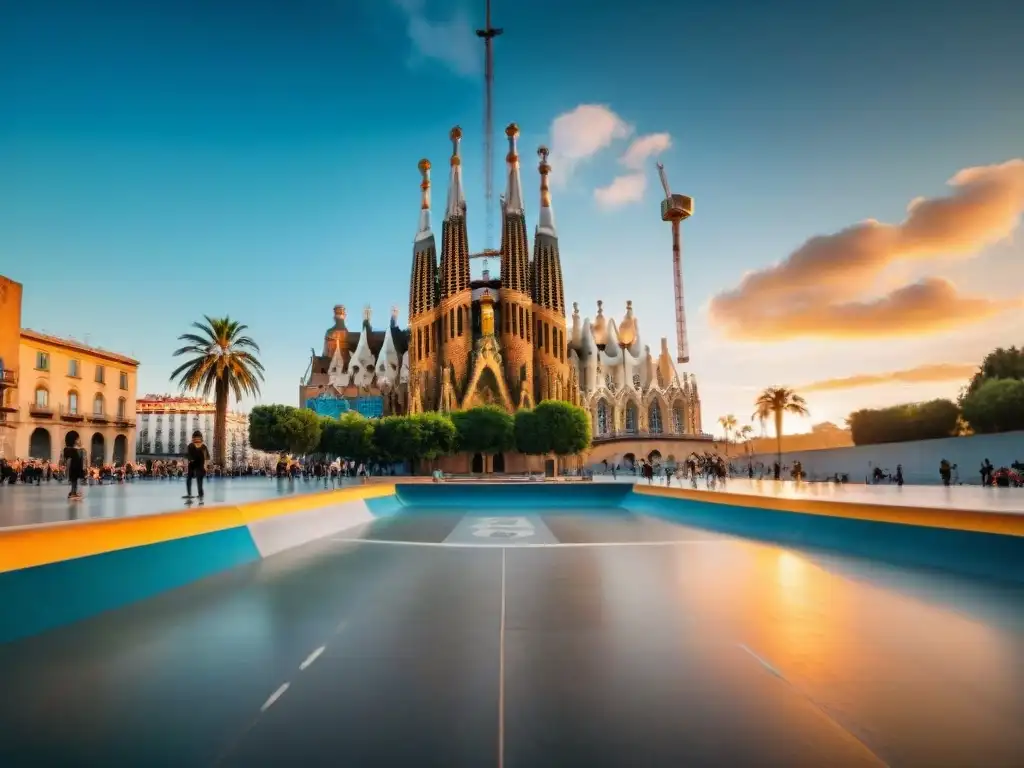 Skatepark en Barcelona: trucos junto a la Sagrada Familia al atardecer Skateboarders deslizándose en un parque de Barcelona con la Sagrada Familia al fondo al atardecer, fusionando historia y cultura skate Europa