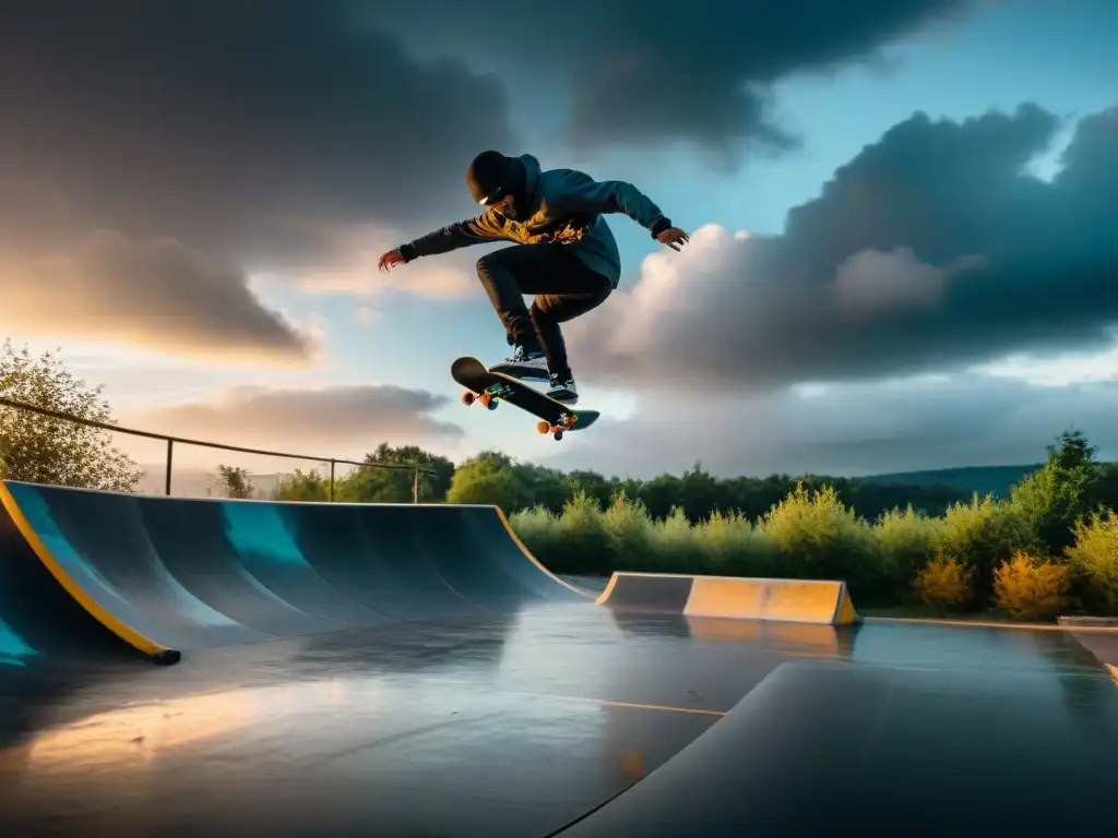 Skateboarders desafían la radiactividad en un skatepark abandonado bajo un cielo tormentoso al atardecer