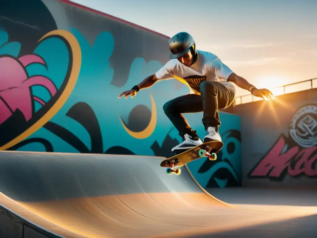 Skateboarders realizando trucos en un skatepark urbano al atardecer, con grafitis coloridos