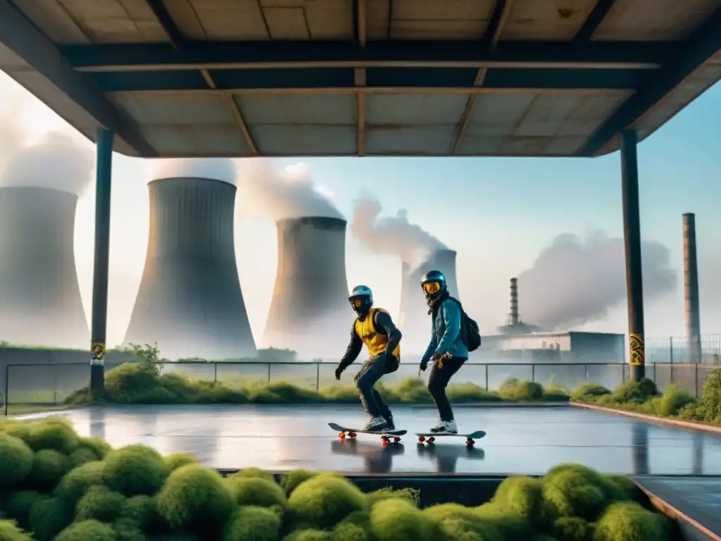 Skateboarding en zonas radiactivas: Skaters desafían la radiación en un parque abandonado con una central nuclear de fondo