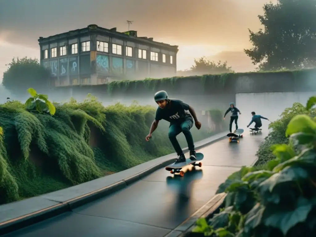 Skateboarding en zonas radiactivas: Skaters deslizándose entre edificios abandonados y graffitis, bajo un cielo ominoso