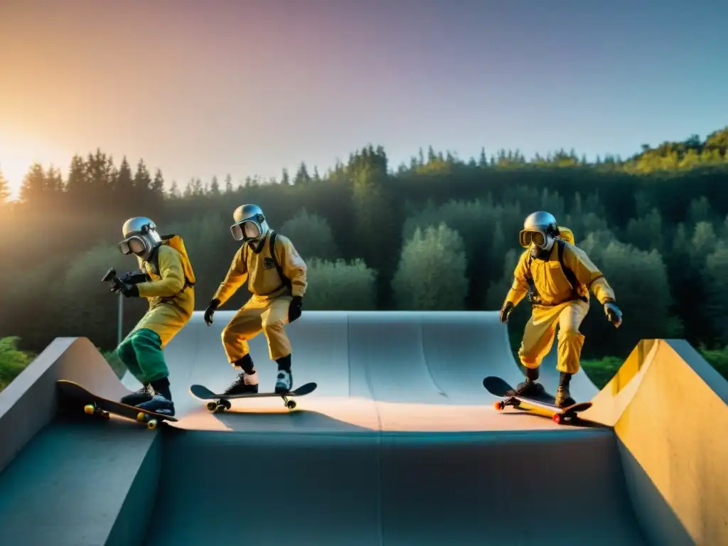 Skateboarding en zonas radiactivas: Skaters intrépidos desafían la radiación en un escenario postapocalíptico al atardecer