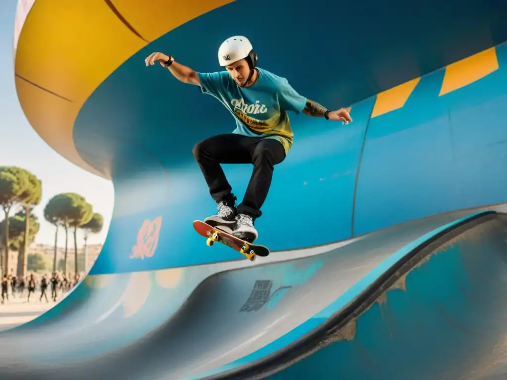 Skateboarders surcando el cielo de Barcelona Skaters realizando trucos en skatepark histórico en Barcelona, España, mostrando la energía y creatividad de la cultura skate en Europa