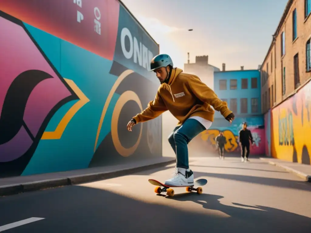 Skaters urbanos deslizándose al atardecer en una calle vibrante, fusionando historia, evolución, juegos, deportes y culturas